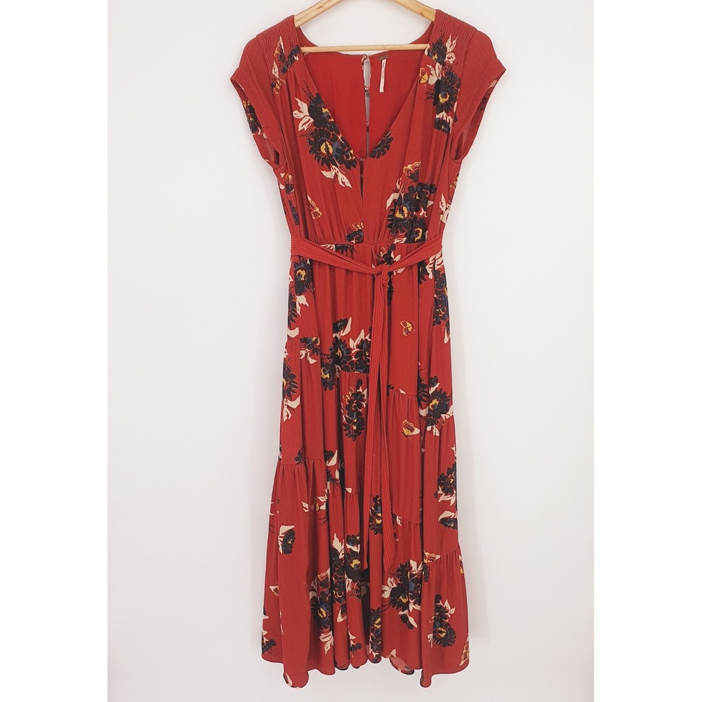 Free People All I Got Floral Print‎ Tiered Rust Red Maxi Dress Boho Chic Sz 6